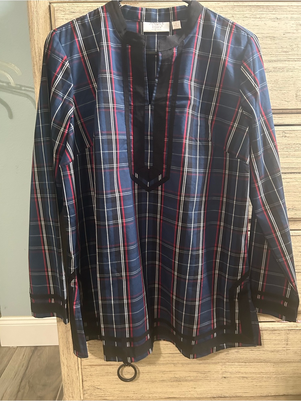 Jingle Belles by Kim Gravel Tartan Plaid Black Boarder Tunic Blouse
